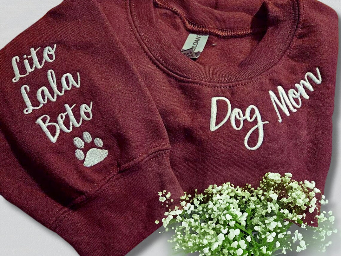 Embroidered Dog Mama Sweatshirt with Pet Names on Sleeve Gift for Dog Lover