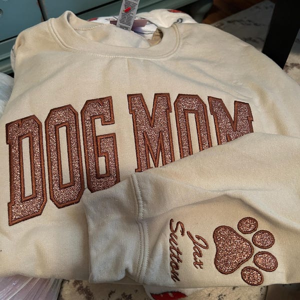 Personalized Dog Mom Glitter Applique Embroidered Sweatshirt Hoodie Gift for Pet Lovers