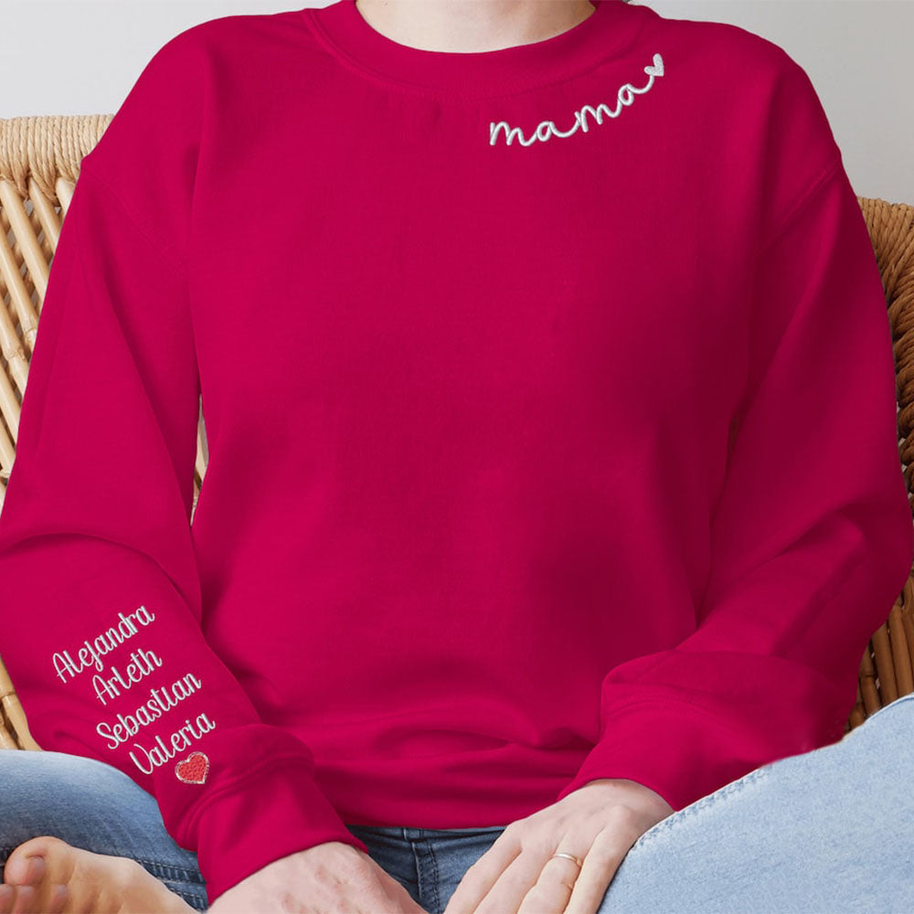 Personalisiertes besticktes Mama-Sweatshirt mit individuellem Kindernamen auf dem Ärmel, Geschenk für Mama und Oma