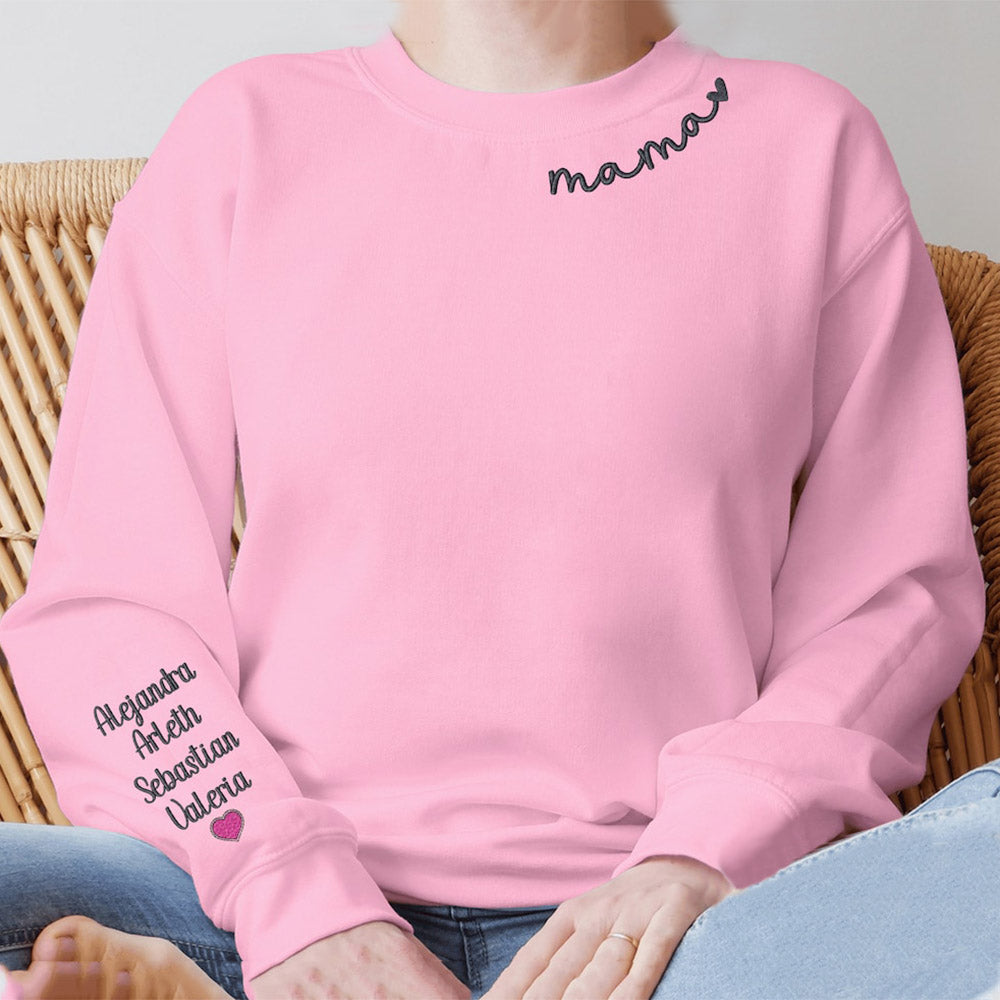 Personalisiertes besticktes Mama-Sweatshirt mit individuellem Kindernamen auf dem Ärmel, Geschenk für Mama und Oma