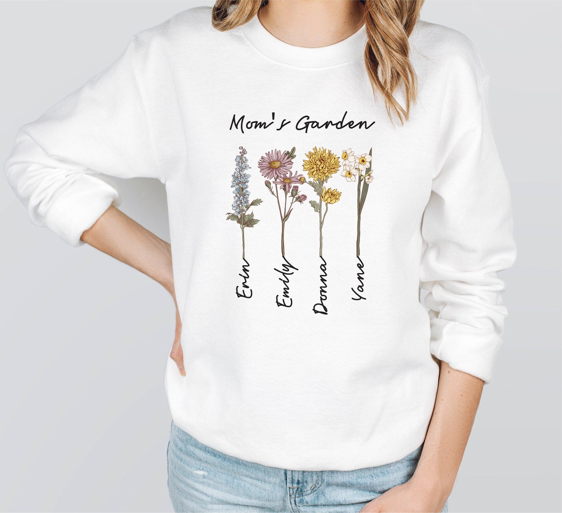 Personalisiertes Omas Garten-Blumen-Sweatshirt mit den Namen des Enkelkinds, Muttertagsgeschenk für Oma und Mama