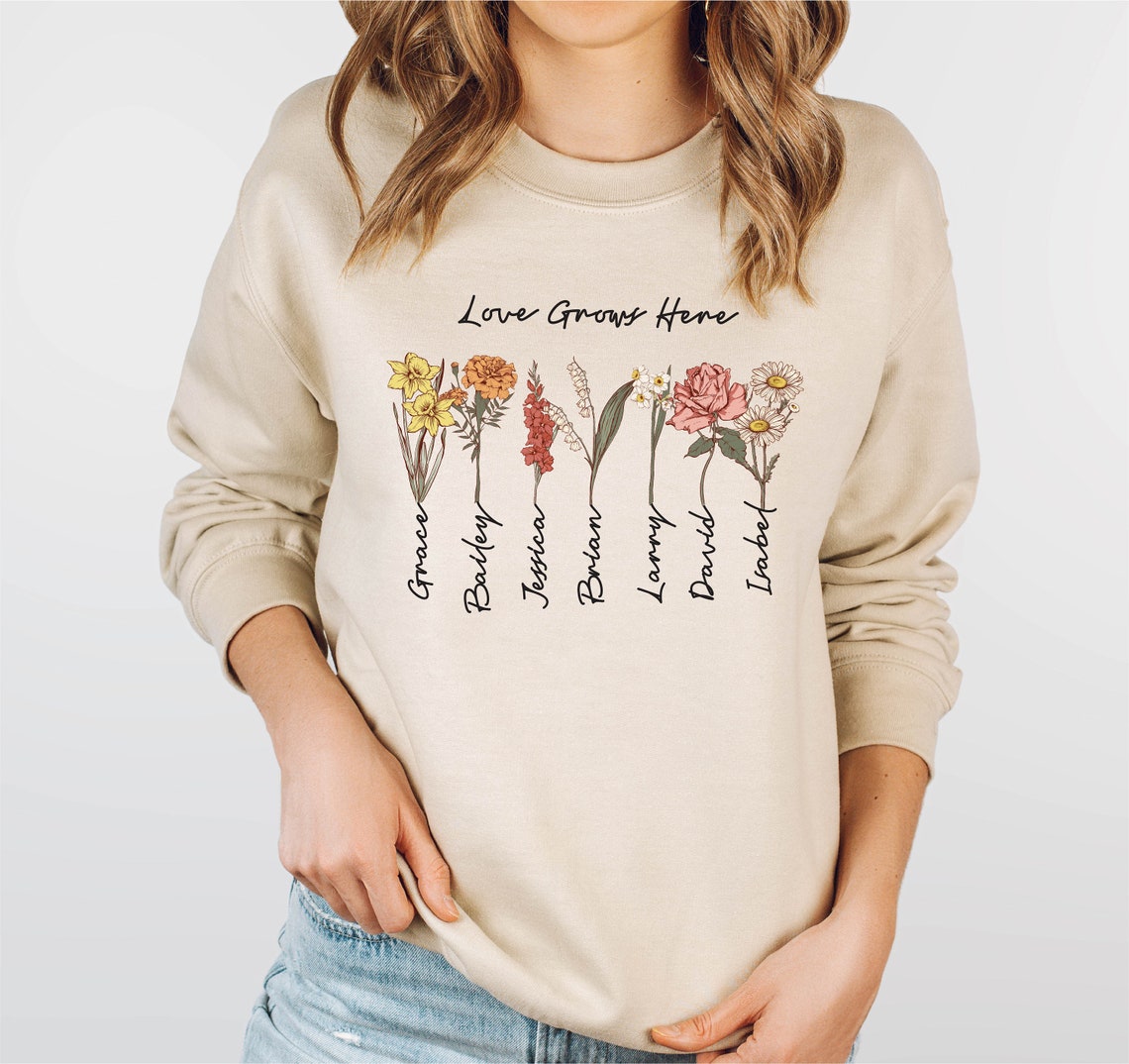 Personalisiertes Omas Garten-Blumen-Sweatshirt mit den Namen des Enkelkinds, Muttertagsgeschenk für Oma und Mama