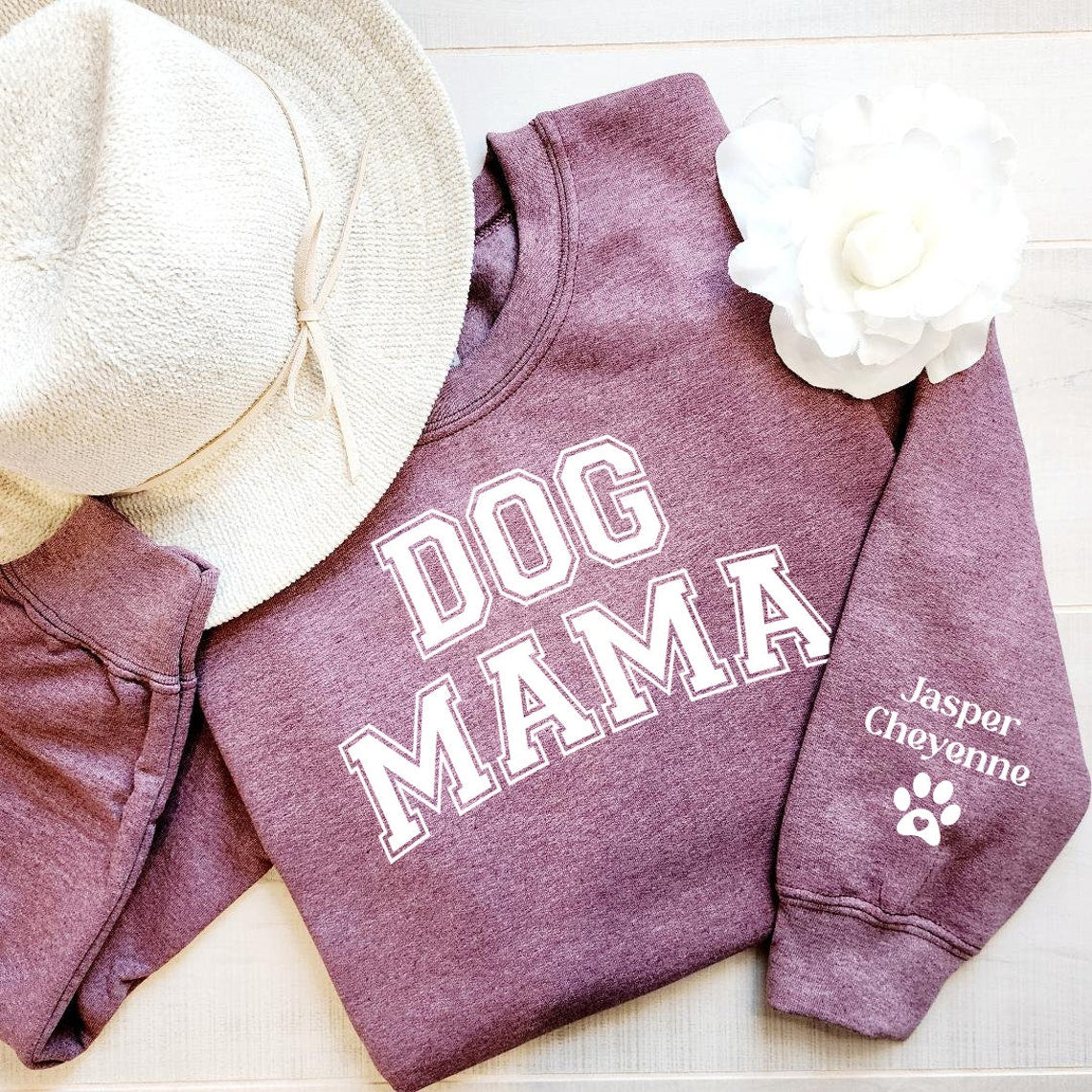 Custom Puff Vinyl Dog Mama Sweatshirt Hoodie with Pet Names on Sleeve Gift for Pet Lovers