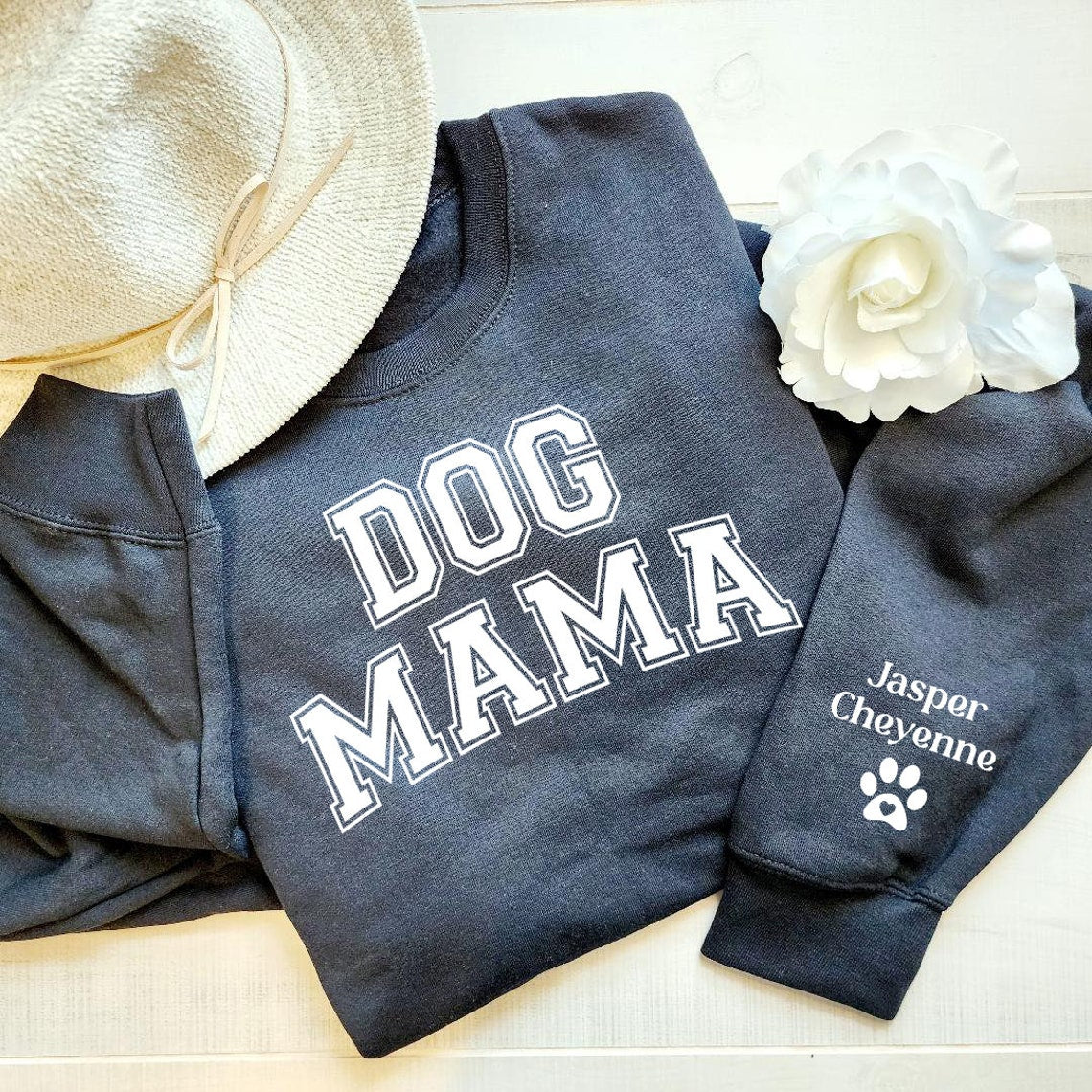 Custom Puff Vinyl Dog Mama Sweatshirt Hoodie with Pet Names on Sleeve Gift for Pet Lovers