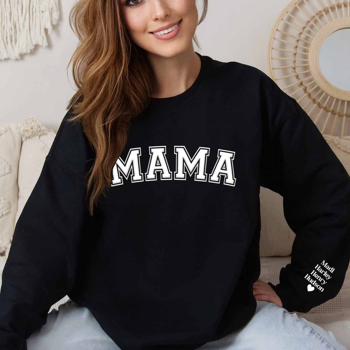 Personalisiertes Mama-Andenken-Sweatshirt mit Puff-Schriftzug und Kindernamen auf dem Ärmel, Muttertagsgeschenk