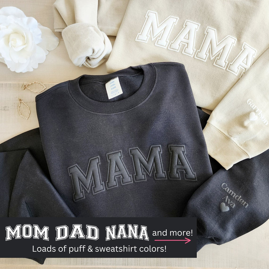 Personalisiertes Mama-Andenken-Sweatshirt mit Puff-Schriftzug und Kindernamen auf dem Ärmel, Muttertagsgeschenk
