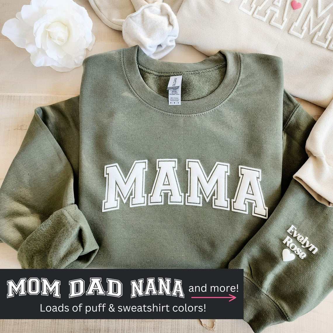 Personalisiertes Mama-Andenken-Sweatshirt mit Puff-Schriftzug und Kindernamen auf dem Ärmel, Muttertagsgeschenk
