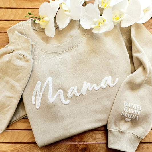 Personalisiertes Mama Puff Sweatshirt mit Kindernamen auf dem Ärmel Muttertag Geburtstagsgeschenk für Mama