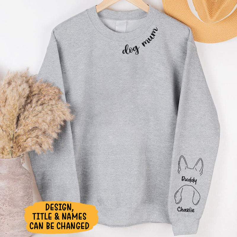 Embroidered Dog Mom Crewneck With Dog Ear on Sleeve Gift For Pet Lover