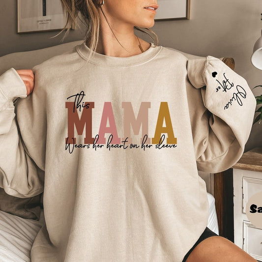 Personalized Sweatshirt This Mama Wears Her Heart On Her Sleeve with Custom Names Warm Gift for Dear Mom