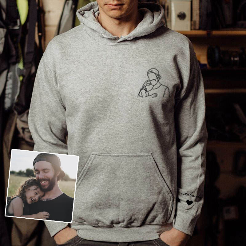 Benutzerdefinierte bestickte Papa Foto Portrait Hoodie Sweatshirt mit Kinder Namen auf Ärmel Vatertag Geschenk 