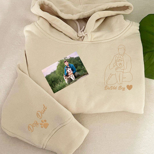 Personalized Hoodie Embroidered Pet Photo Line Drawing for Pet Loving Dad