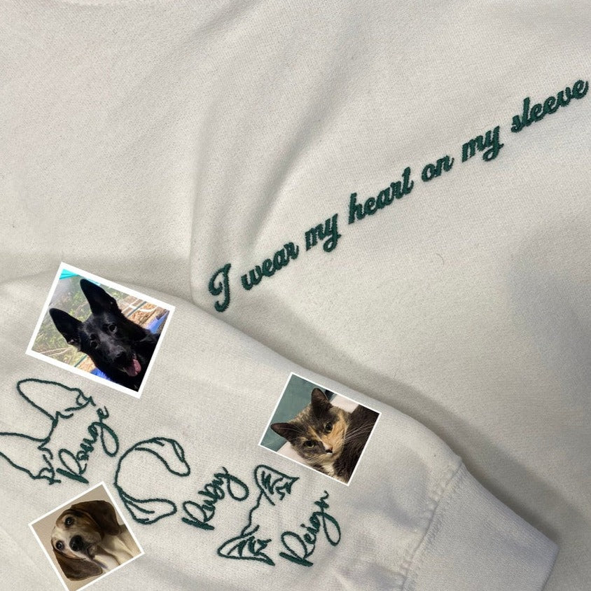 Personalized I Wear My Heart On My Sleeve Embroidered Sweatshirt Hoodie with Dog Cat Ears On Sleeve Gift For Pet Lovers