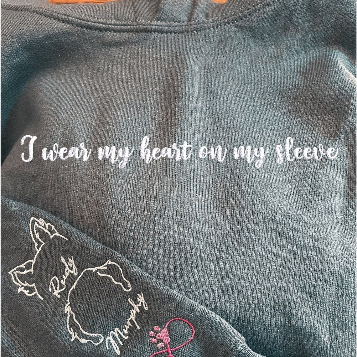 Personalized I Wear My Heart On My Sleeve Embroidered Sweatshirt Hoodie with Dog Cat Ears On Sleeve Gift For Pet Lovers