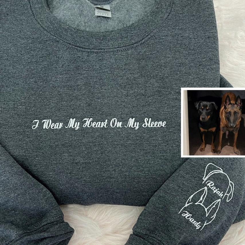 Personalized I Wear My Heart On My Sleeve Embroidered Sweatshirt Hoodie with Dog Cat Ears On Sleeve Gift For Pet Lovers