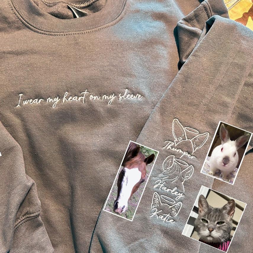 Personalized I Wear My Heart On My Sleeve Embroidered Sweatshirt Hoodie with Dog Cat Ears On Sleeve Gift For Pet Lovers