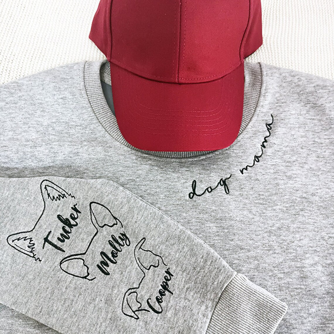 Embroidered Dog Mama Sweatshirt Hoodie with Dog Ears and Name On Sleeve Gift For Pet Lovers