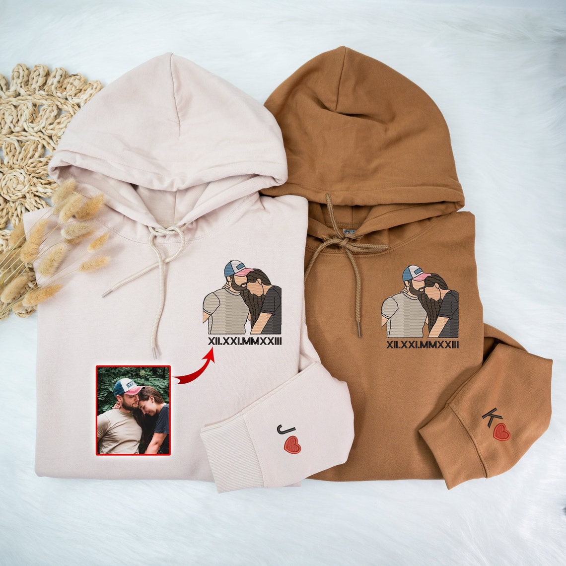 Custom Embroidered Couple Photo Portrait Matching Hoodie Sweatshirt Anniversary Valentines Day Couple Gifts
