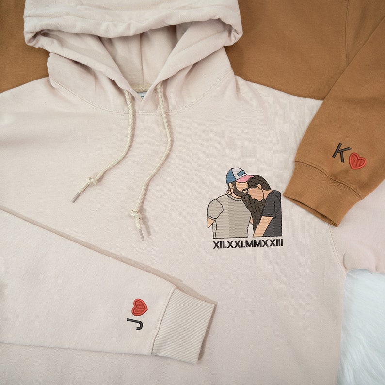 Custom Embroidered Couple Photo Portrait Matching Hoodie Sweatshirt Anniversary Valentines Day Couple Gifts