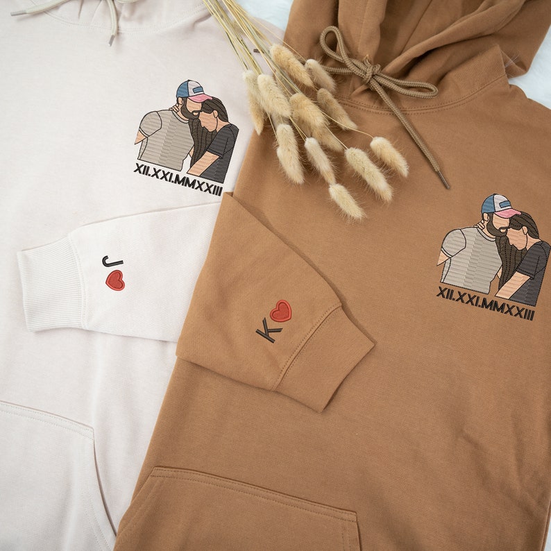 Custom Embroidered Couple Photo Portrait Matching Hoodie Sweatshirt Anniversary Valentines Day Couple Gifts