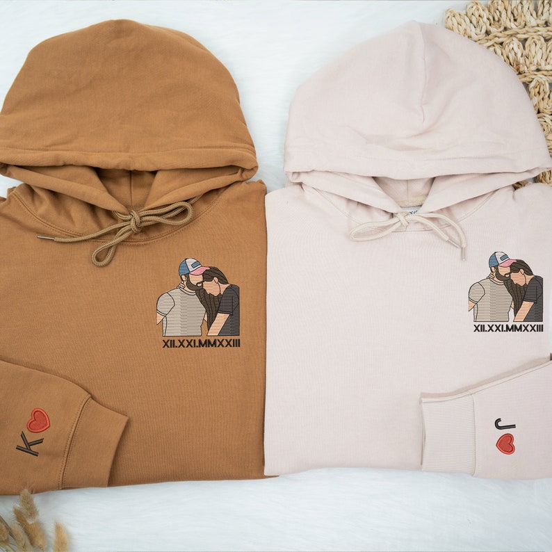 Custom Embroidered Couple Photo Portrait Matching Hoodie Sweatshirt Anniversary Valentines Day Couple Gifts