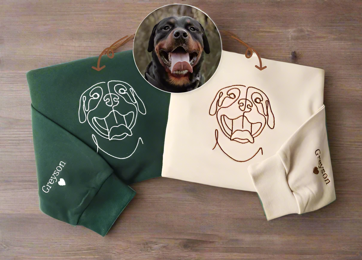 Custom Embroidered Line Art Pet Portrait Outline Sweatshirt Hoodie Gift For Dog/Cat Owner Pet Lovers