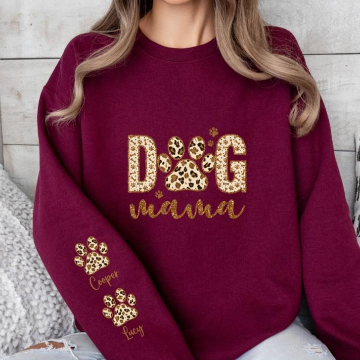 Personalized Leopard Dog Mama Sweatshirt With Dog Names on Sleeve Gift For Dog Mom