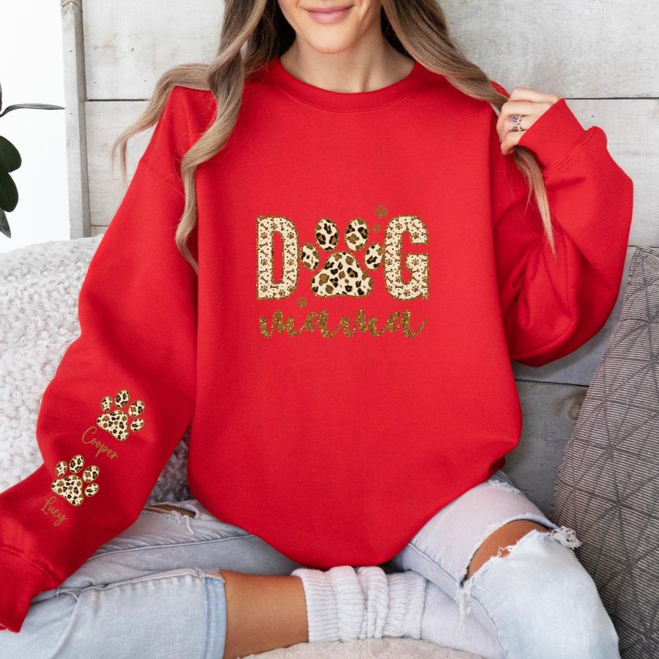 Personalized Leopard Dog Mama Sweatshirt With Dog Names on Sleeve Gift For Dog Mom