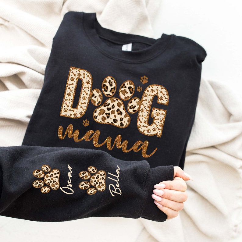 Personalized Leopard Dog Mama Sweatshirt With Dog Names on Sleeve Gift For Dog Mom