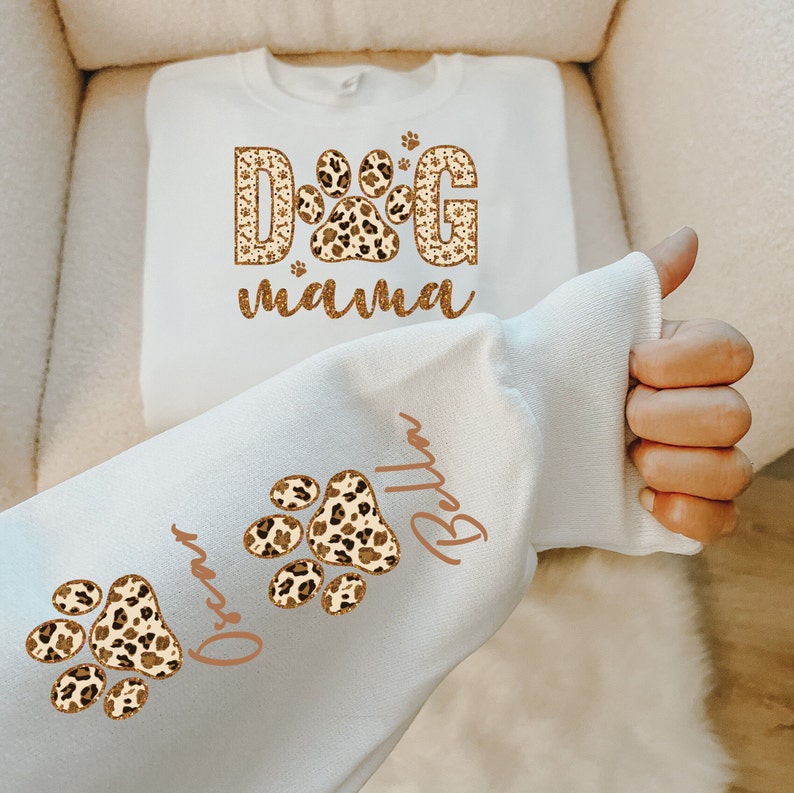 Personalized Leopard Dog Mama Sweatshirt With Dog Names on Sleeve Gift For Dog Mom
