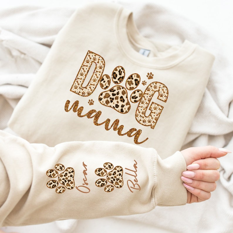 Personalized Leopard Dog Mama Sweatshirt With Dog Names on Sleeve Gift For Dog Mom