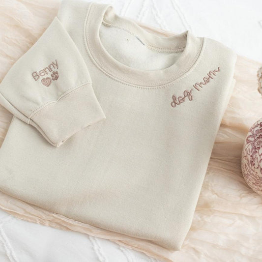 Embroidered Dog Mom Sweatshirt with Pet Names on Sleeve Gift for Pet Lover