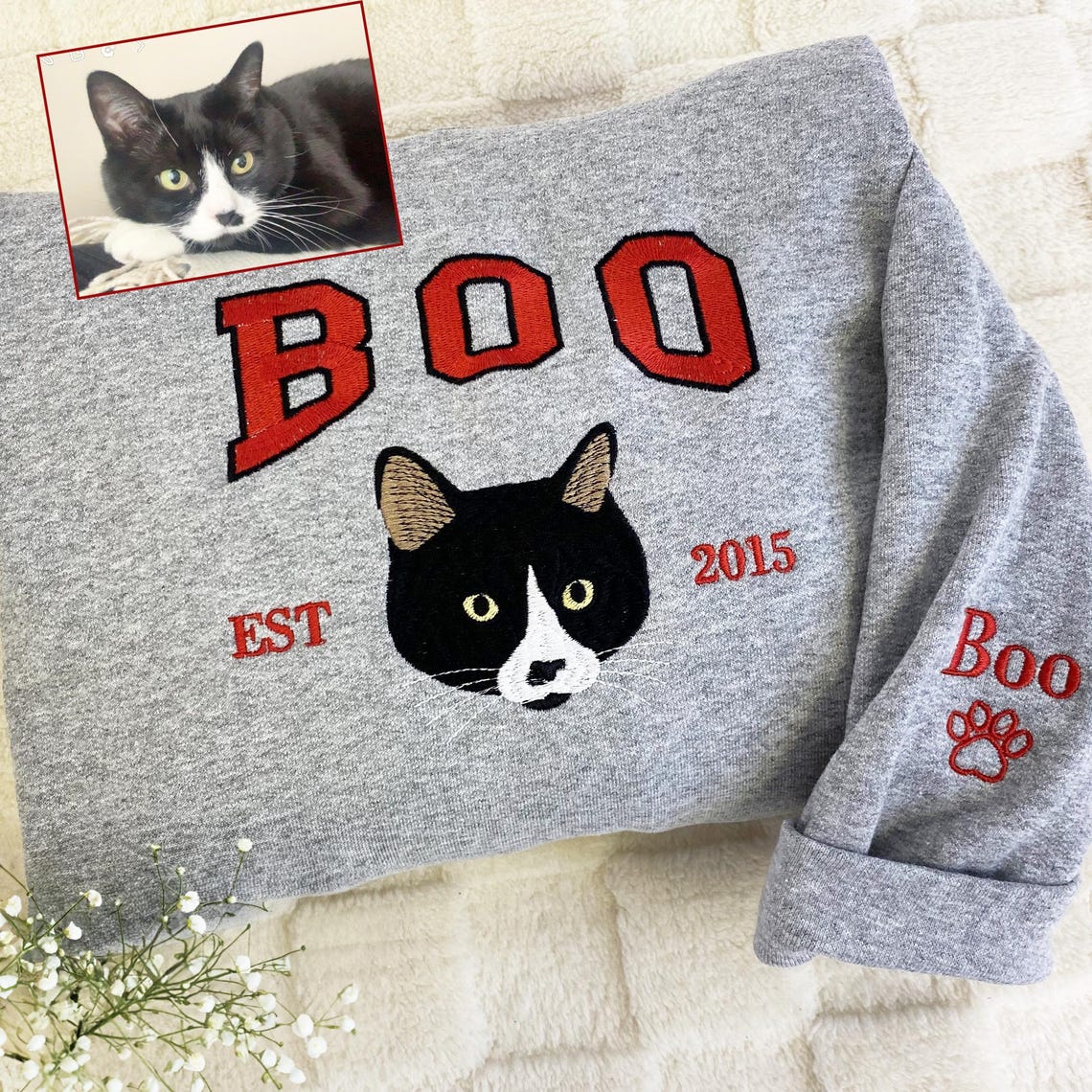 Cara de mascota bordada personalizada y nombre de mascota sudadera retrato de perro bordado cuello redondo regalo amante de las mascotas