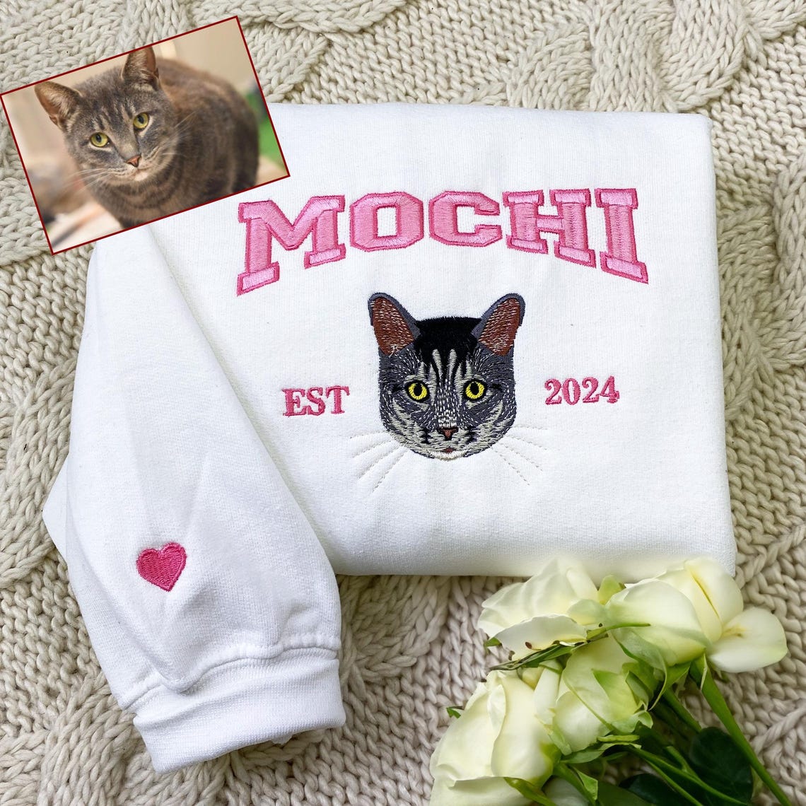 Cara de mascota bordada personalizada y nombre de mascota sudadera retrato de perro bordado cuello redondo regalo amante de las mascotas