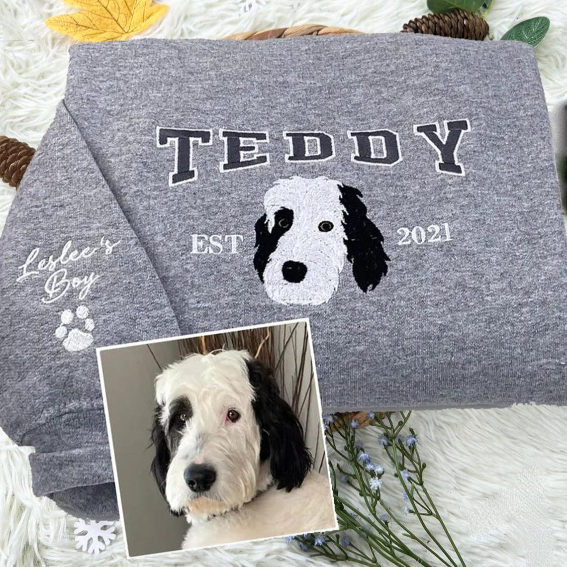 Embroidered Pet Portrait EST Sweatshirt Custom Puppy Face and Name Hoodie Pet Sympathy Dog Memorial Gifts for Dog Lovers