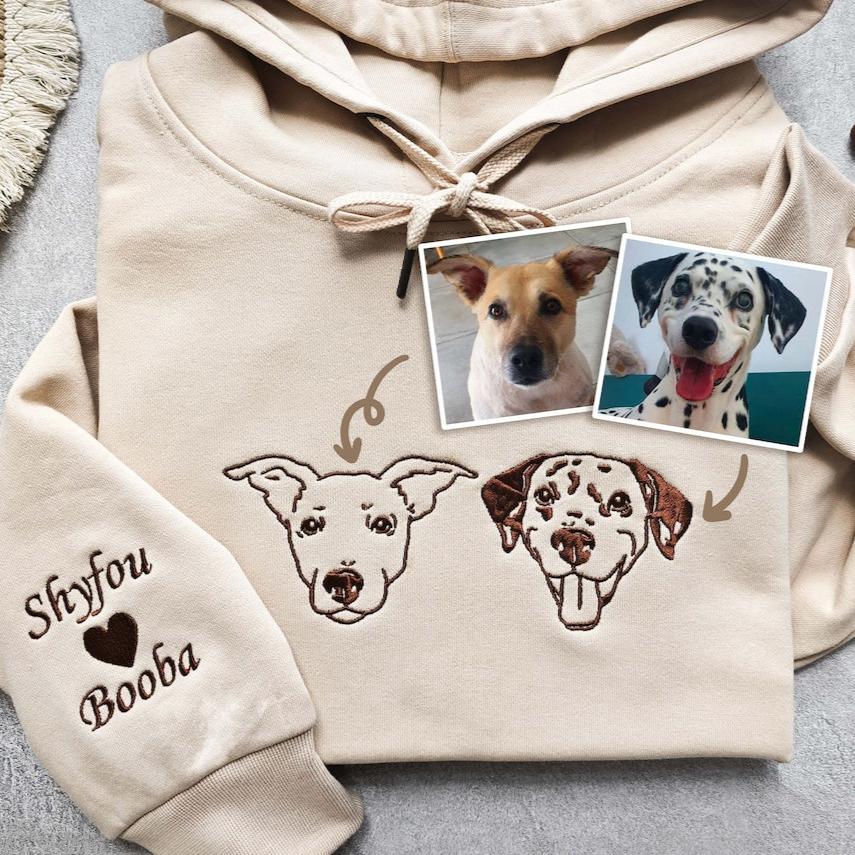 Embroidered Pet Dog Cat Face and Pet Name on Sleeve Sweatshirt Hoodie Gift for Pet Lovers