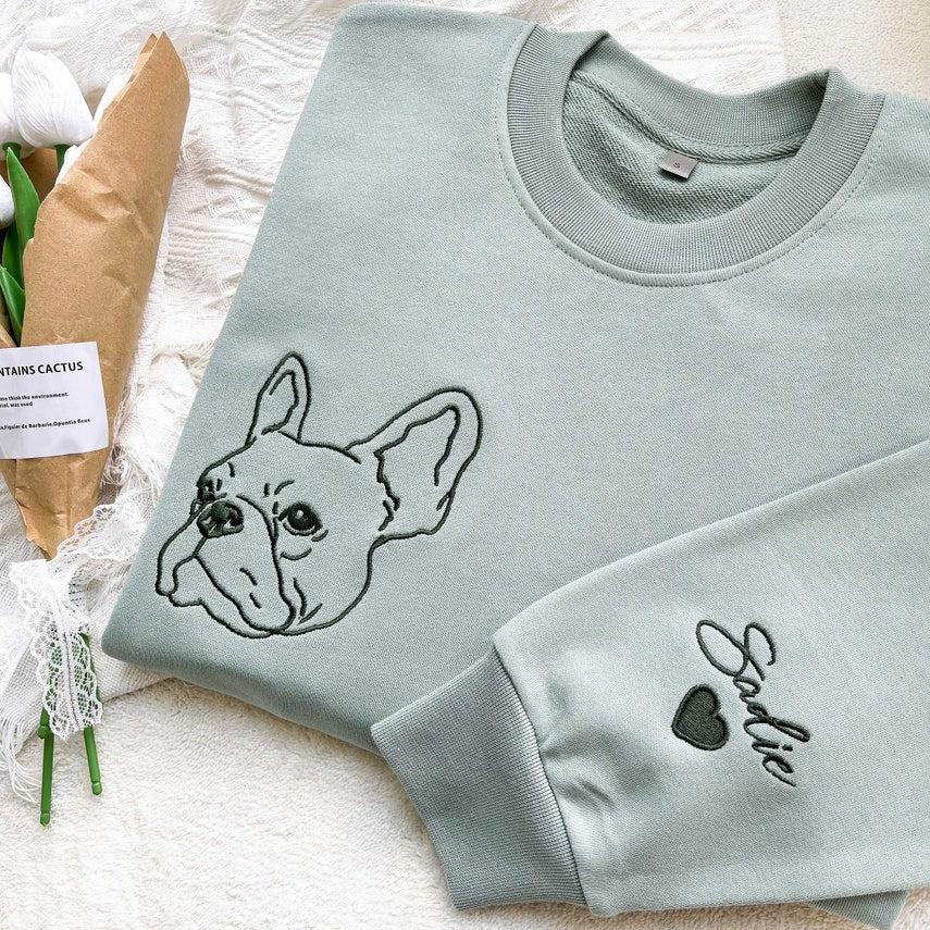 Embroidered Pet Dog Cat Face and Pet Name on Sleeve Sweatshirt Hoodie Gift for Pet Lovers