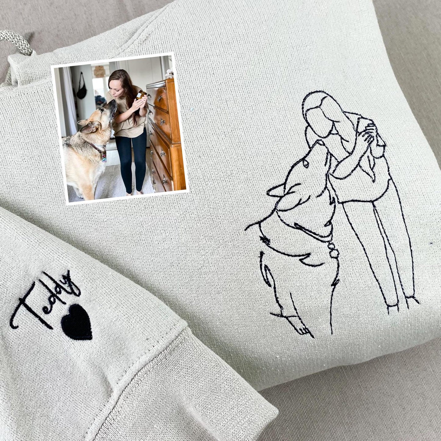 Embroidered Portrait Line Art Sweatshirt Hoodie Gift for Dog Mom/Dad Any Pet Lovers