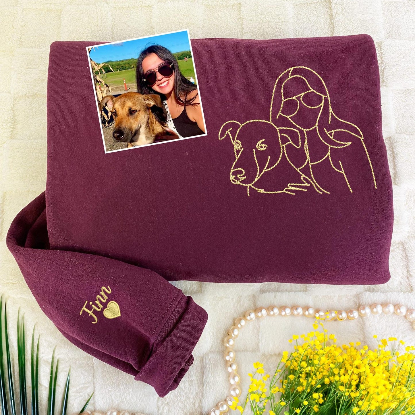 Embroidered Portrait Line Art Sweatshirt Hoodie Gift for Dog Mom/Dad Any Pet Lovers