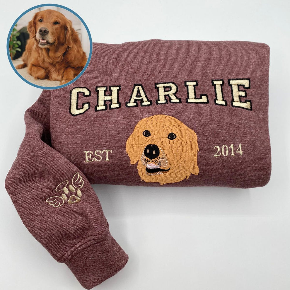 Embroidered Pet Portrait EST Sweatshirt Custom Puppy Face and Name Hoodie Pet Sympathy Dog Memorial Gifts for Dog Lovers