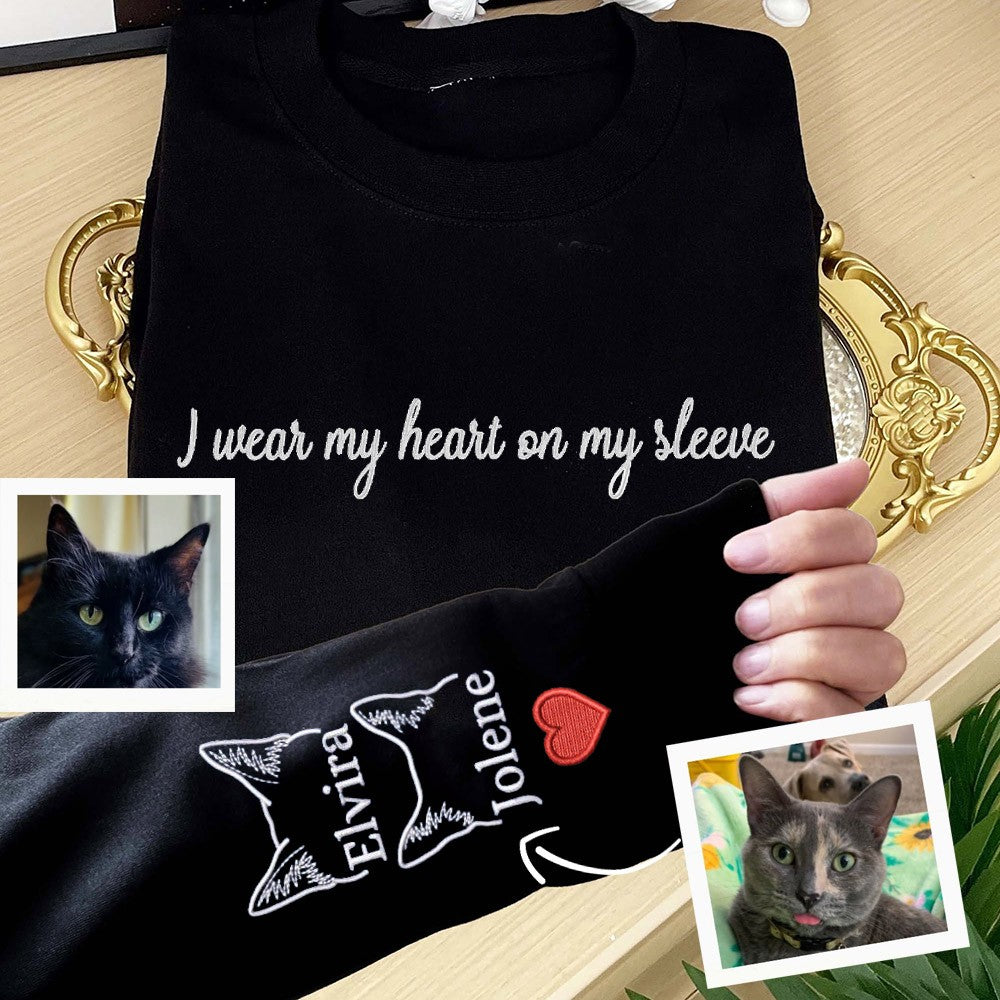 Bester Verkauf!! Personalisiertes Sweatshirt mit besticktem „Herz auf meinem Ärmel“ und Hunde-/Katzenohren am Ärmel, Geschenk für alle Tierliebhaber
