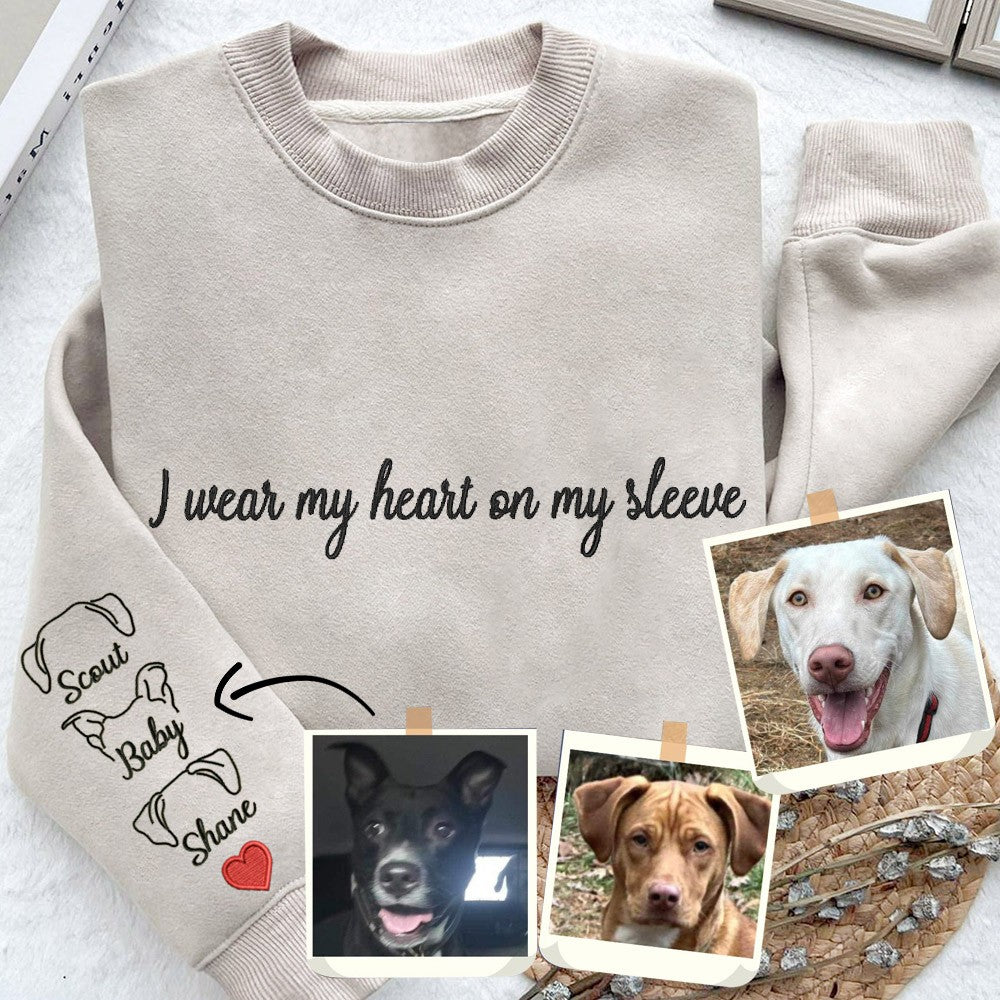 Bester Verkauf!! Personalisiertes Sweatshirt mit besticktem „Herz auf meinem Ärmel“ und Hunde-/Katzenohren am Ärmel, Geschenk für alle Tierliebhaber