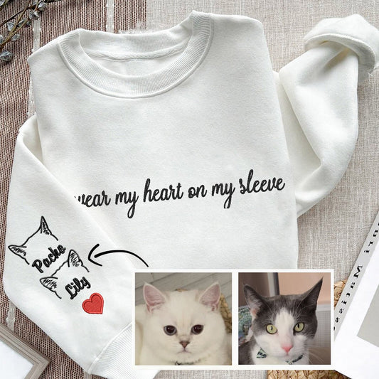 Personalized I Wear My Heart on My Sleeve Embroidered Pet Ears Sweatshirt Hoodie Gifts for Cat Lover