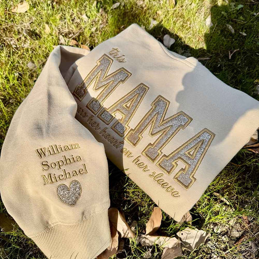 Besticktes MAMA-Sweatshirt mit Rundhalsausschnitt und Kindernamen auf dem Ärmel, Muttertagsgeschenk für Mama