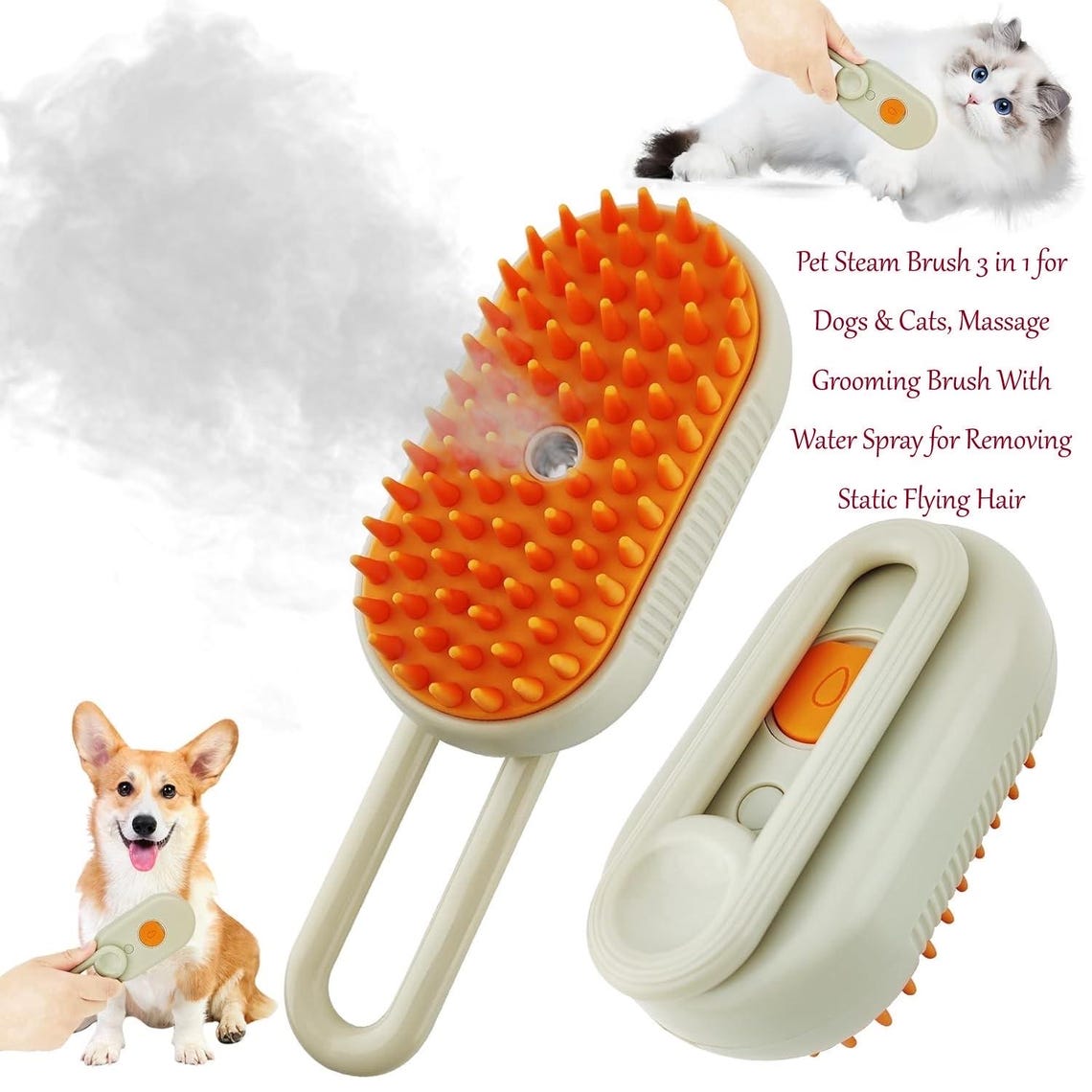 Customized Pet Steam Brush 3 in 1 Massaging Cleaning shedding hair Gift For Pet Lovers
