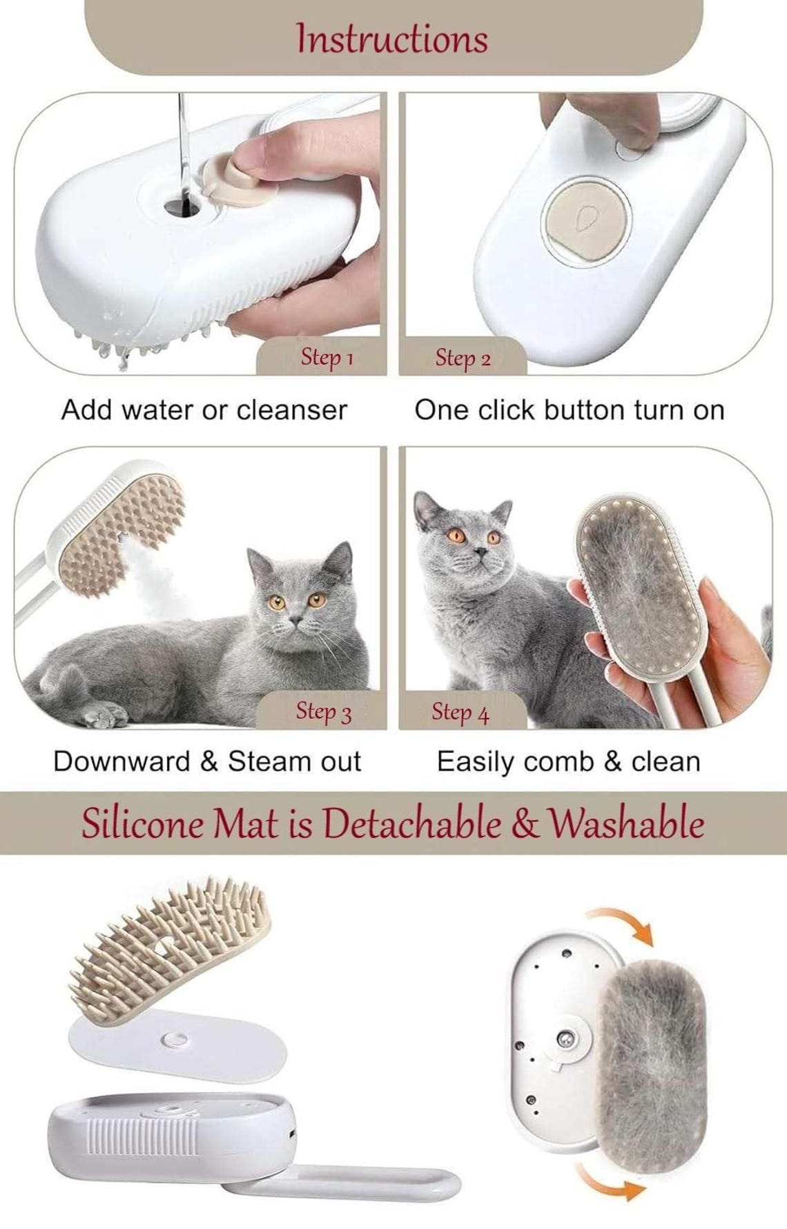 Customized Pet Steam Brush 3 in 1 Massaging Cleaning shedding hair Gift For Pet Lovers
