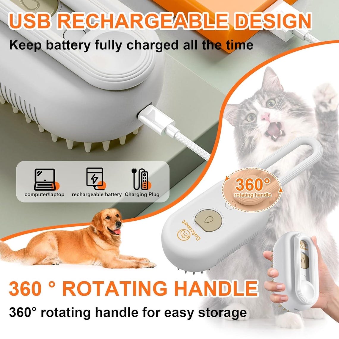Customized Pet Steam Brush 3 in 1 Massaging Cleaning shedding hair Gift For Pet Lovers