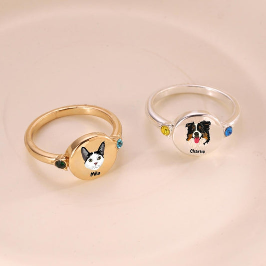 Custom Pet Portrait Photo Ring with Birthstone Dog Cat Memorial Jewelry Gift For Pet Lover