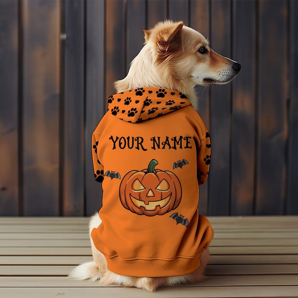Personalized Halloween Dog Hoodie – Custom Pet Name, Ghost & Pumpkin Design, Cute Fall Costume with Paw Print