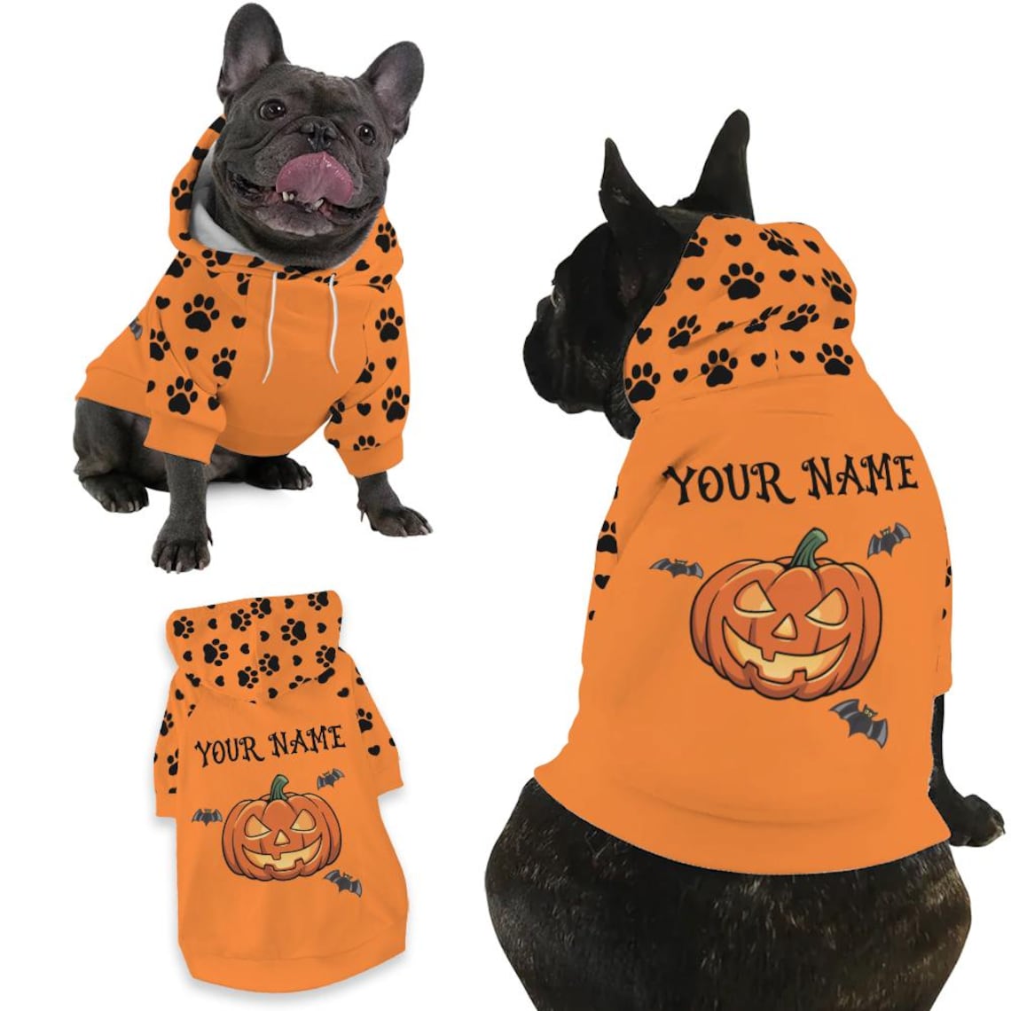 Personalized Halloween Dog Hoodie – Custom Pet Name, Ghost & Pumpkin Design, Cute Fall Costume with Paw Print